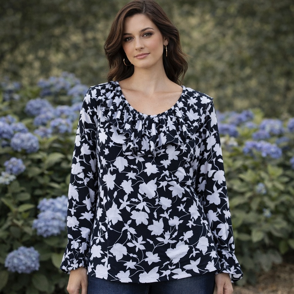 Silk Exchange Victorian Floral Silk Ruffle Neck Blouse in Black and White Size M